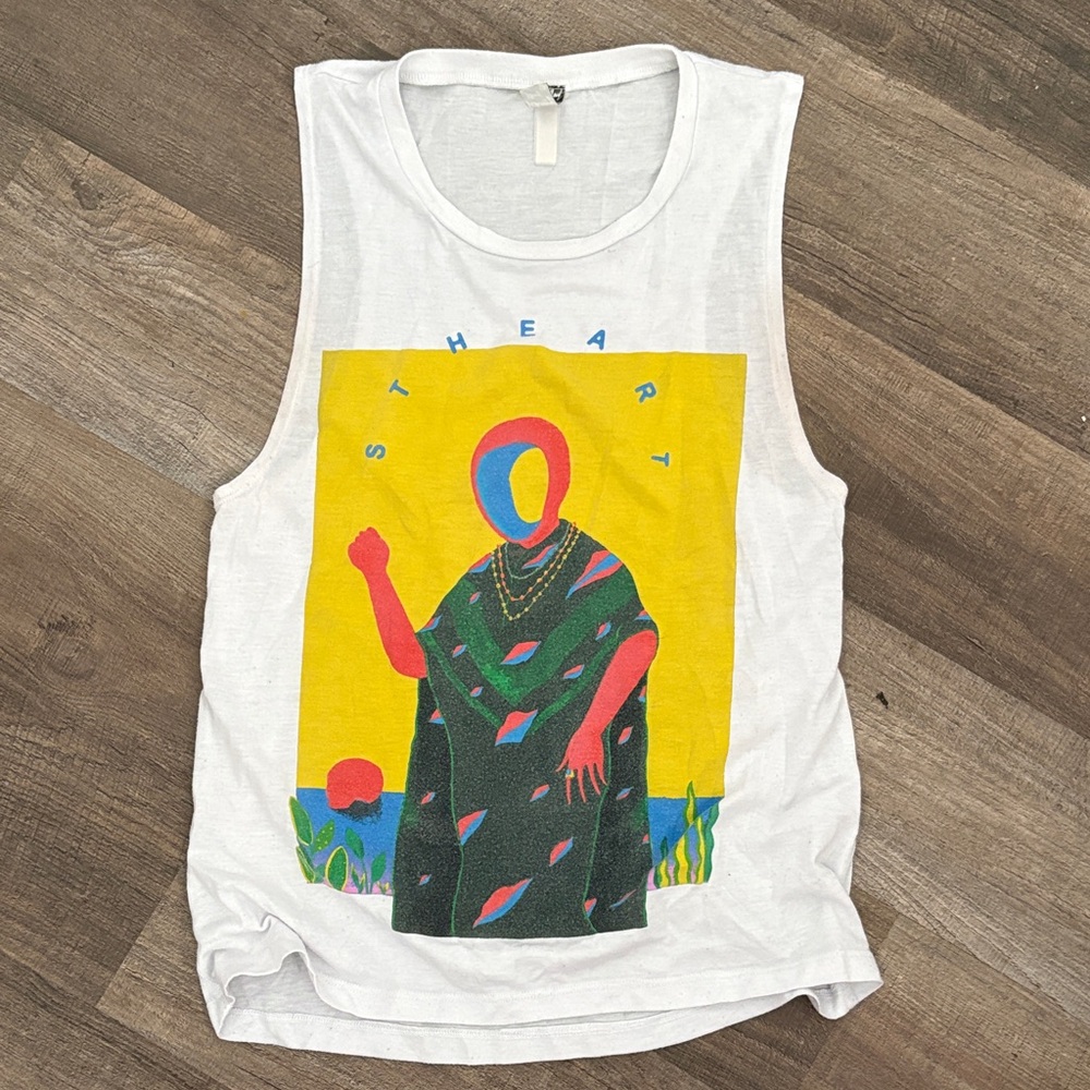 Women’s White Graphic Muscle Tee with Colorful Print